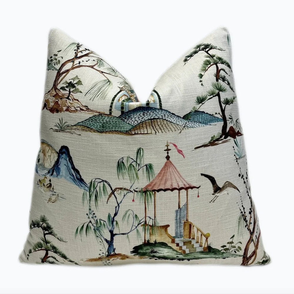 {SOLD} Chinoiserie pillows w/feather down insert, 100% cotton cover